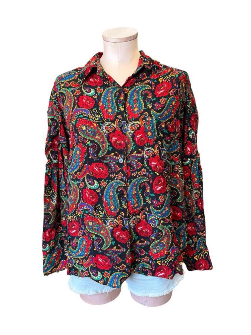 Vtg 80s 90s Chaus Black Paisley Floral Button Up Shirt